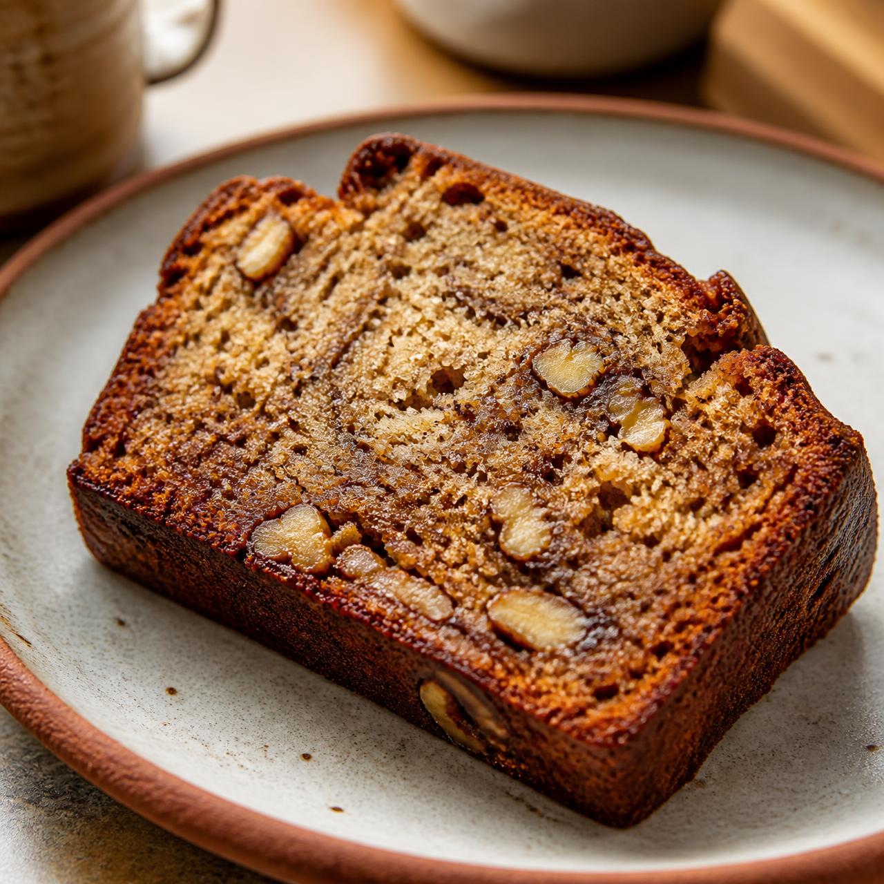 A thick slice of walnut banana bread on a ceramic plate.